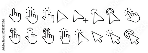 Pointer, mouse, click, hand cursor line icon set. Computer, button, progress, licking cursor, pointing hand clicks, waiting loading icons pack. Vector illustration