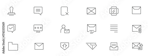 Mail and email line icon set. Message, envelope, mailing, postal letter, post office and mailbox outline icon collection. 