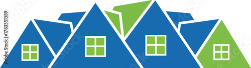 Abstract blue and green house shapes with white window frames home building