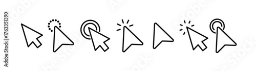 Pointer, mouse, click, Hand cursor line icon set. Computer, button, progress, licking cursor, pointing hand clicks, waiting loading icons pack. Vector illustration