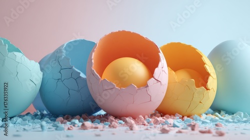 Close-up of cracked eggs with colorful background and soft lighting.