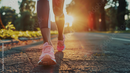 low angle of the female runner's feet in pink sneakers, running in the morning sun