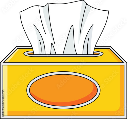 Yellow tissue box with white tissues peeking out and orange oval label vector