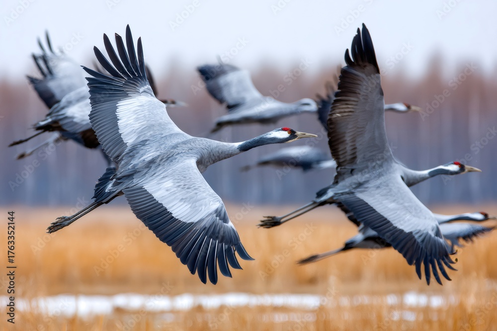 Obraz premium Common cranes flying during migration over landscape