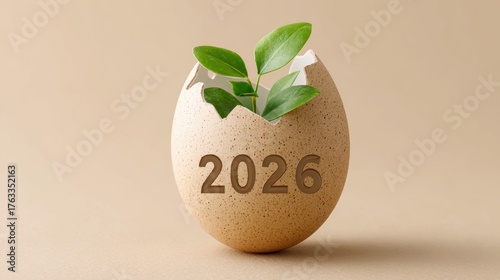 Eco style egg made of natural materials cracking open with green leaf numbers 2026 inside on soft beige background, organic and sustainable new year theme.