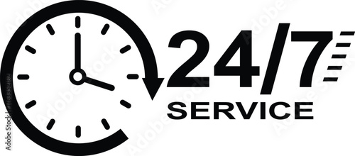 Black clock icon with 24/7 service text and arrow time