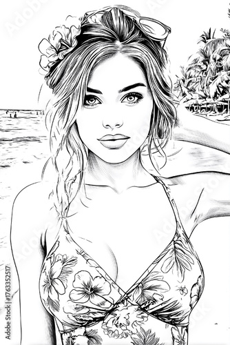 Wallpaper Mural A woman with a floral bikini top and a flowery skirt is posing for a picture. The image has a beach vibe and the woman's outfit is colorful and playful Torontodigital.ca