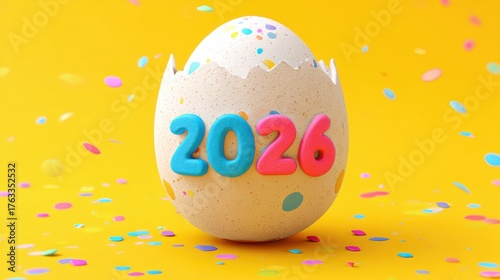 Blue and pink numbers 2026 breaking out of egg shell with confetti explosion and yellow background, festive concept of new year celebration.