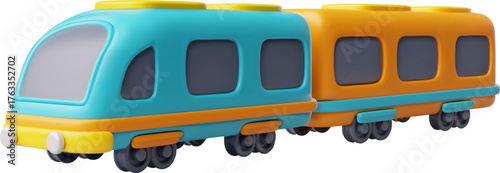3D cartoon train, blue and orange, with carriages. Locomotive, subway, vehicle.