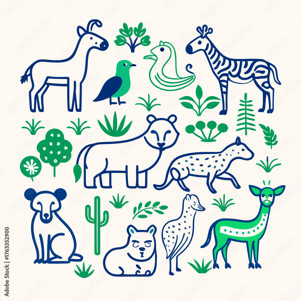 Obraz premium Vibrant Line Art Zoo Animals Lion Elephant Giraffe Bull and Birds Illustration