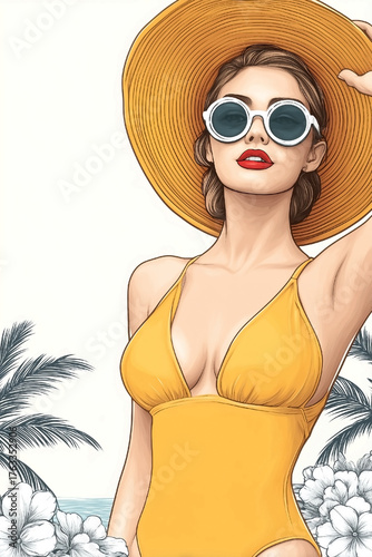 Wallpaper Mural A woman in a yellow bikini with sunglasses and a straw hat. She is standing in front of a palm tree Torontodigital.ca