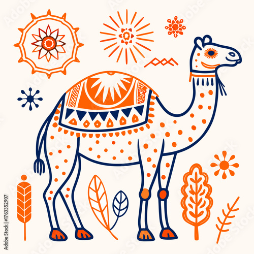 Stylized Orange Camel Illustration with Desert Sun Mountains and Patterns