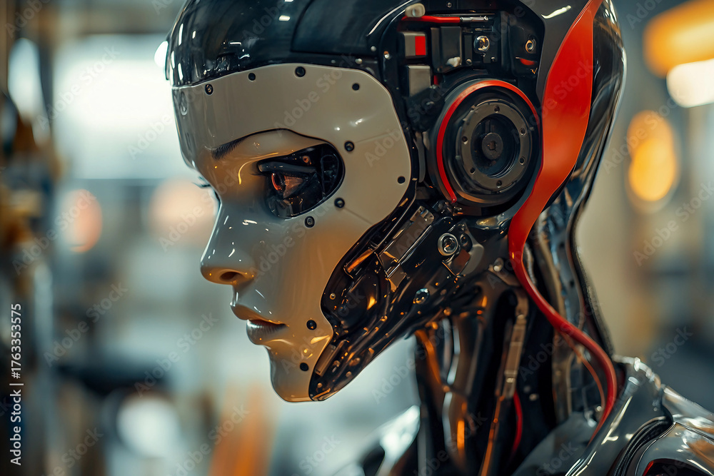 Fototapeta premium Advanced Humanoid Robot with Transparent Helmet and Futuristic Mechanical Design Generative AI