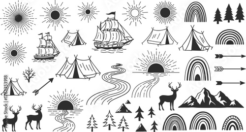 Mega Set of Outdoor Nature, Adventure, and Travel Doodle Line Art Vector Illustration