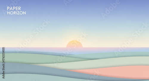 Illustration d'un paysage vallonné au lever du soleil avec un style de découpe de papier.