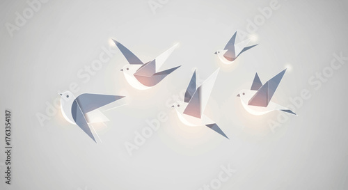Volée d'oiseaux en origami stylisés sur fond clair, évoquant la liberté et la légèreté.