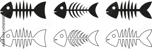 Fish skeleton icons set flat, line styles of fishbone silhouette vectors illustration, seafood bones graphic symbols, marine element clipart minimalist black design isolated on transparent background.