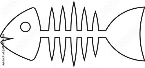 Fish skeleton icon in line style of fishbone silhouette vector illustration, seafood bones graphic symbol, marine element clipart and minimalist black design isolated on transparent background.