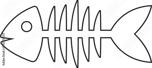 Fish skeleton icon in line style of fishbone silhouette vector illustration, seafood bones graphic symbol, marine element clipart and minimalist black design isolated on transparent background.