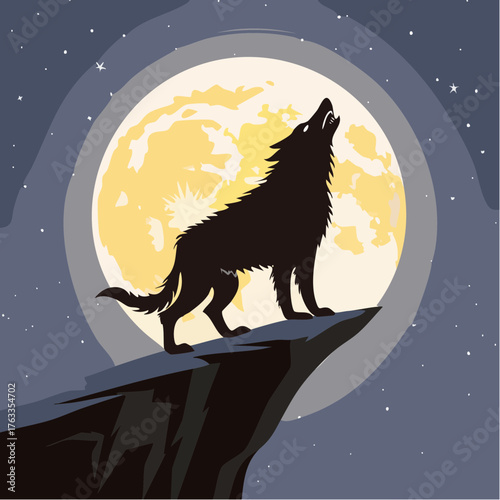 Silhouette of a Wolf Howling at the Moon on a Rocky Cliff Under a Starry Sky