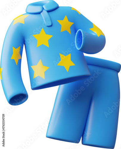 3D pajama icon, pants and shirt, blue, with a yellow star pattern.