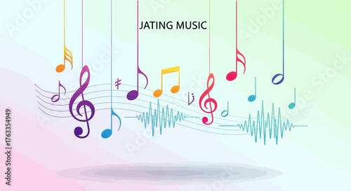 Illustration colorée de notes de musique suspendues avec des ondes sonores, idéale pour un site web de musique.