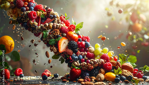 Artistic DNA helix made from fresh fruits, nuts, and seeds symbolizing nutrition, genetics, and natural wellness. A creative concept linking healthy food to human biology and longevity science
