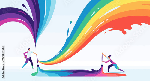 Illustration colorée de personnes peignant un arc-en-ciel vibrant avec des éclaboussures de peinture.