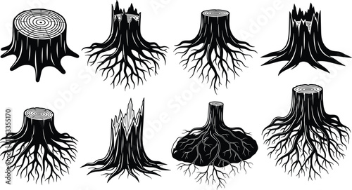 Set of Black Tree Stump and Root System Silhouettes Vector Illustration
