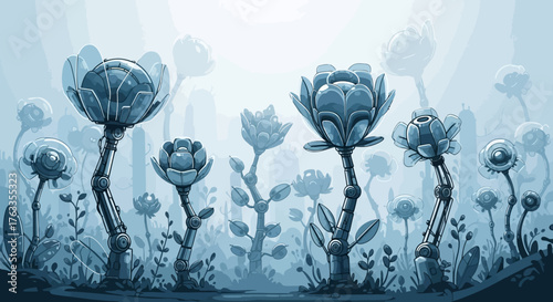 Illustration numérique d'un paysage floral futuriste bleu avec des plantes mécaniques et une atmosphère brumeuse.