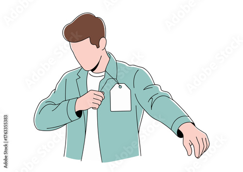 Young man removing price tag from jacket in minimalist style  