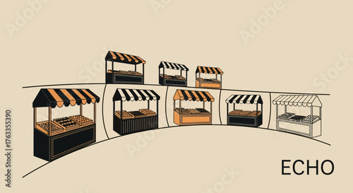 Illustration de stands de marché alignés avec des auvents rayés, style dessin animé.