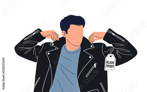 Young man trying on leather jacket with Black Friday tag  