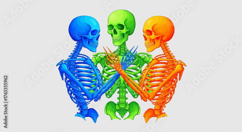 Trois squelettes colorés se tenant la main, un bleu, un vert et un orange, sur fond blanc.