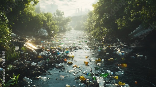 A river filled with floating plastic bottles and waste, illustrating the issue of water pollution