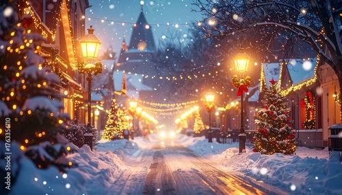 夕暮れ時の街を照らす街灯とクリスマス装飾が、雪の降る中で温かく輝く屋外シーンです。
青みがかった空とオレンジの光が織りなす美しいコントラストが、映画のような情緒を演出。
冬の静けさとホリデーの温もりが融合した、ロマンチックで幻想的なビジュアル。