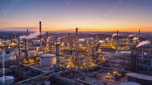 Industrial Oasis at Dusk: An impressive industrial complex stands as a testament to progress, its intricate network of pipes, tanks, and towers illuminated against the fading colors of dusk.