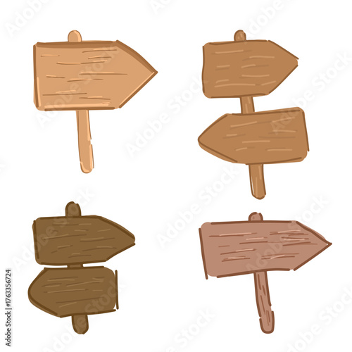 Wooden Signboard Vector, Blank Wood Sign Illustration. Wooden road arrow, 3d post board on pole or signpost, signboard label or guidepost. 