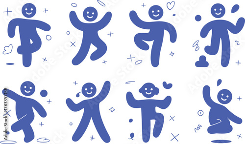 Abstract human figure illustration, playful poses with decorations, joyful movement vector, creative character art, cad drawing flat vector illustration
