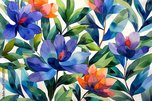 A painting of a field of flowers with a blue sky in the background