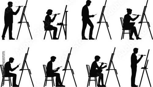 Artist silhouette painting, people drawing on easels, creative posture vector, art studio scene, cad drawing flat vector illustration