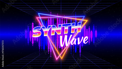 Retro futuristic abstract background. Synthwave 80s style poster. Music template. Neon triangle, 3d laser grid, audio signal waveform. Wireframe, mesh floor. Starry sky background. Vector