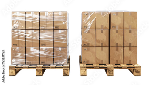  Shrink-wrapped pallet of cardboard boxes duo for warehouse and logistics branding, isolated on transparent background