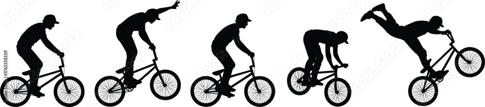 Fototapeta premium BMX stunt silhouette sequence, extreme sports action, bike trick illustration, cad drawing flat vector illustration, dynamic motion, freestyle rider pose