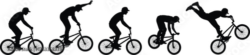 BMX stunt silhouette sequence, extreme sports action, bike trick illustration, cad drawing flat vector illustration, dynamic motion, freestyle rider pose