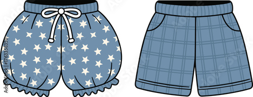 Blue shorts comparison, fashion garment flatlay, casual clothing styles, star and check pattern, cad drawing vector, minimal apparel design