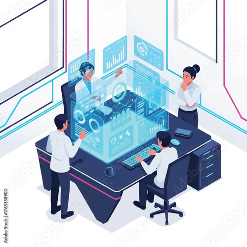 Isometric illustration of three professionals collaborating over a futuristic digital interface in a modern office with a technological and innovative mood.