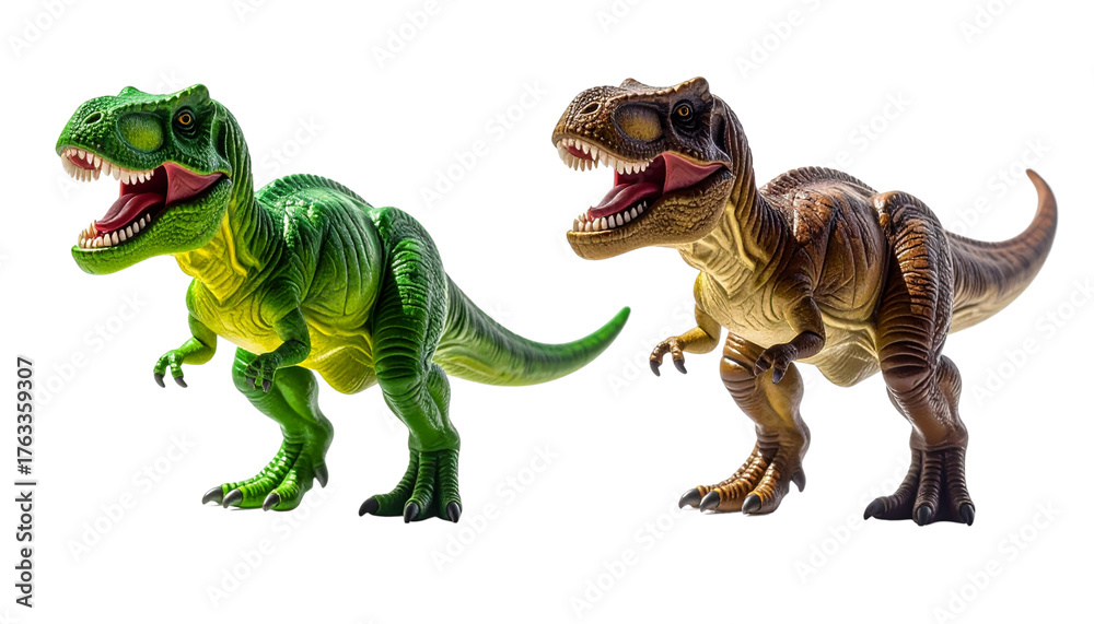 Obraz premium Realistic Tyrannosaurus rex toy duo for children and educational branding, isolated on transparent background