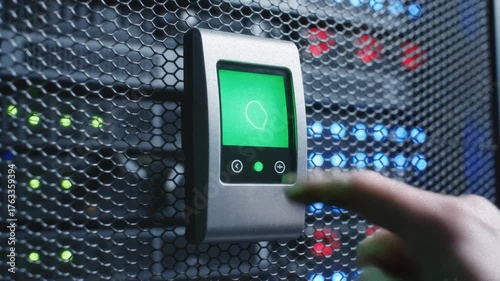 Finger Presses Biometric Scanner on Server Rack for Data Access