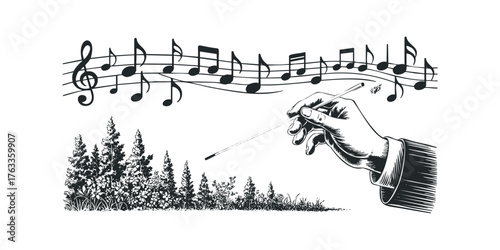 Hand with Baton and Musical Notes Over Floral Landscape